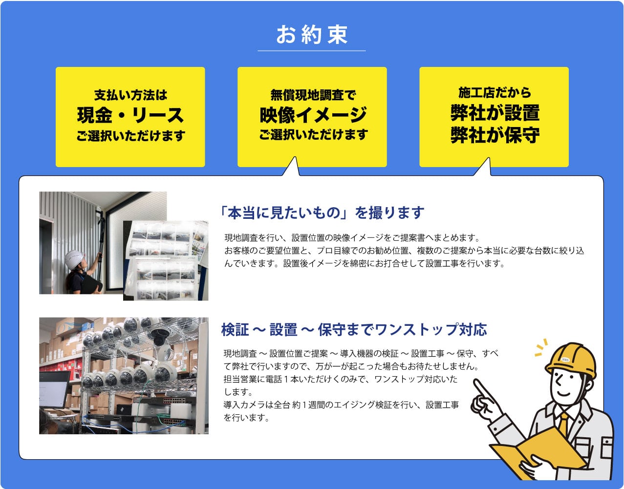 カメラ導入に際して、日本ホールシステムでは、お支払い方法は現金かリースで承ります。無償の現地調査で設置前に映像イメージをご確認いただき選択できます。施工店だから弊社が設置して弊社が保守まで一貫して対応いたします