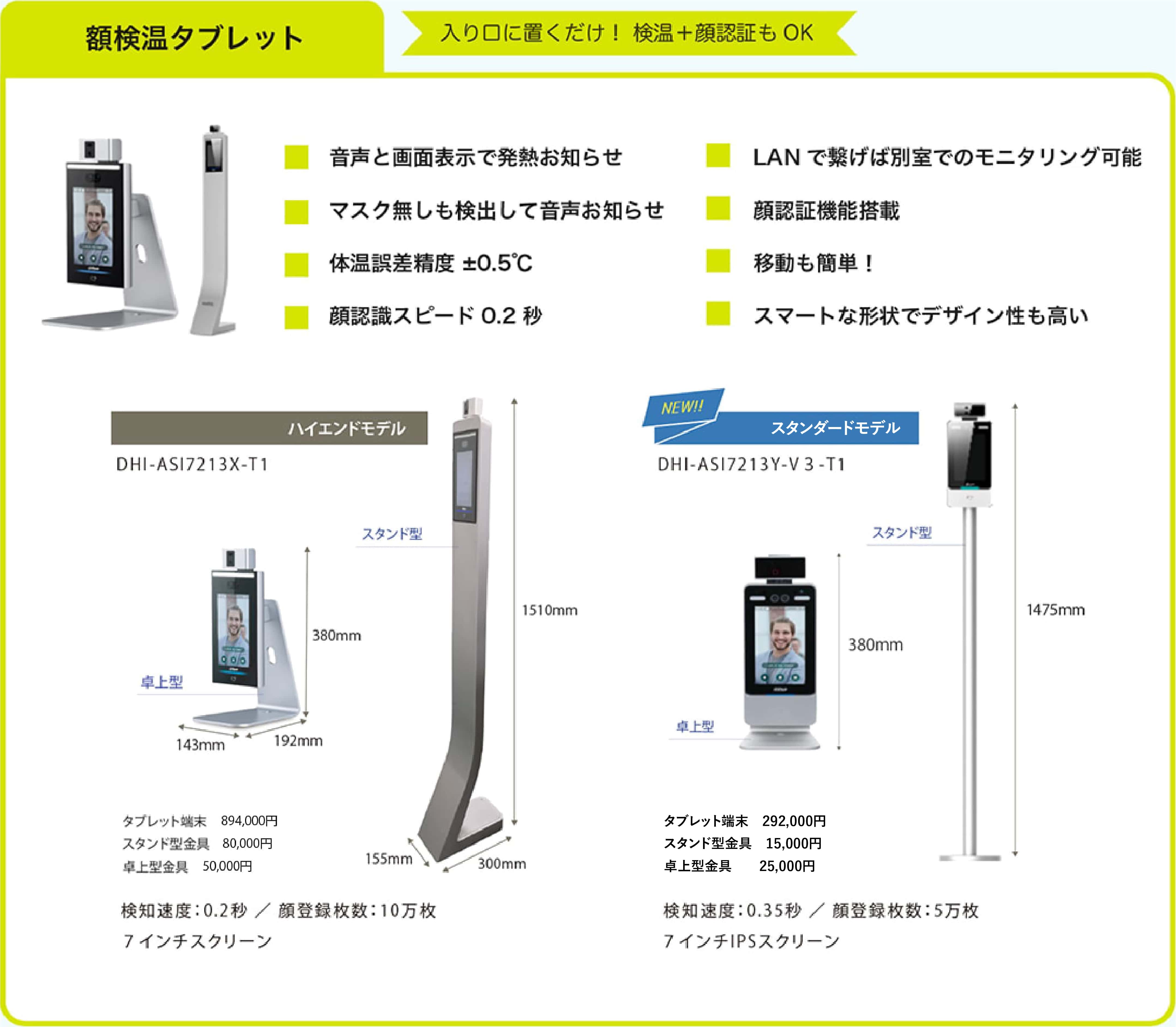 顔での検温が簡単にできる額検温タブレットが新登場！スマートな形状で移動もしやすく簡単に検温がスタートできます